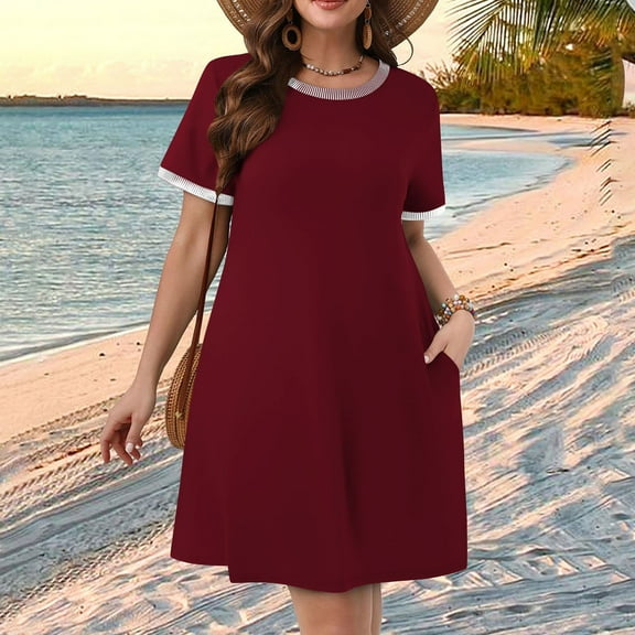 Roncen Women's Solid Lace Dress - Short Sleeve Round Neck Midi Length Casual Flowy Summer Dress for Daily Wear, Elegant Lace Trim A-Line Dress with Comfortable Fit