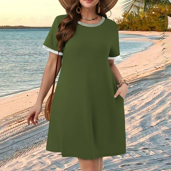 Roncen Women's Solid Lace Dress - Short Sleeve Round Neck Midi Length Casual Flowy Summer Dress for Daily Wear, Elegant Lace Trim A-Line Dress with Comfortable Fit