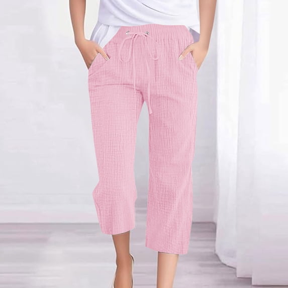 Roncen Women's Solid Linen Cropped Pants - Loose Fit Relaxed Wide Leg Straight Cut with Drawstring Waist & Pockets
