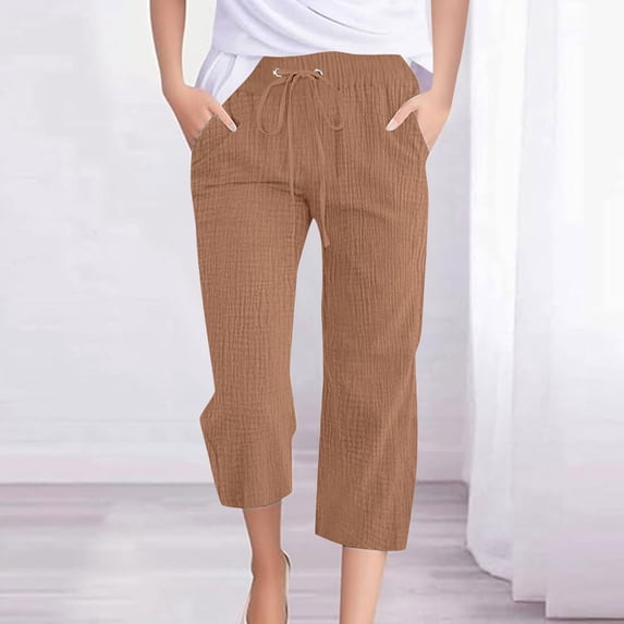 Roncen Women's Solid Linen Cropped Pants - Loose Fit Relaxed Wide Leg Straight Cut with Drawstring Waist & Pockets