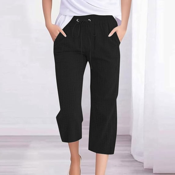 Roncen Women's Solid Linen Cropped Pants - Loose Fit Relaxed Wide Leg Straight Cut with Drawstring Waist & Pockets