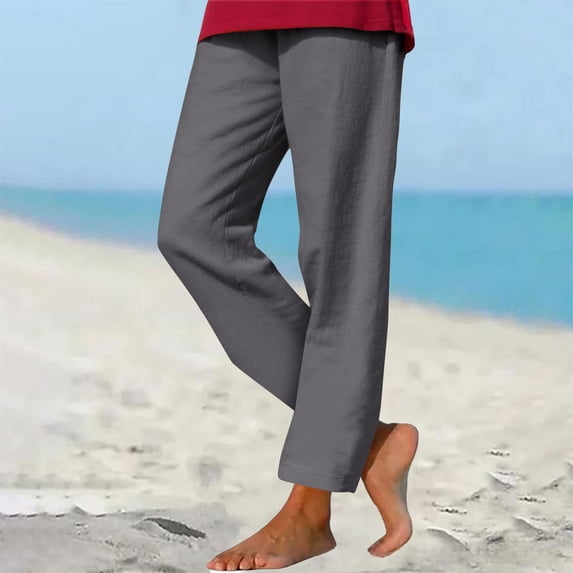 Roncen Women's Solid Linen DNaturalstring Pants - Loose Fit Casual Trousers with Pockets