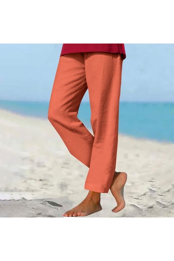 Women's Solid Linen DNatural​​string Pants - Loose Fit Casual Trousers with Pockets