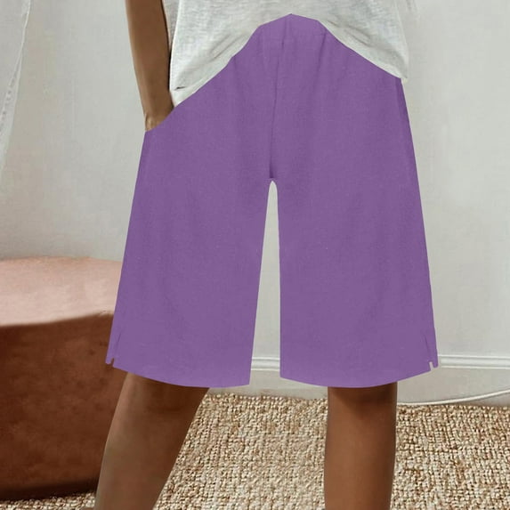 Roncen Women's Solid Linen Shorts - Relaxed Fit Drawstring Cuffed Hem Mid-Length Casual Summer Shorts with Elastic Waistband