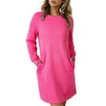 thumbnail image 1 of Roncen Women's Solid Long Sleeve Dress - Round Neck with Pockets, Casual Elegant Office Wear Comfortable Stretch Fabric for Daily Outfits, 1 of 4