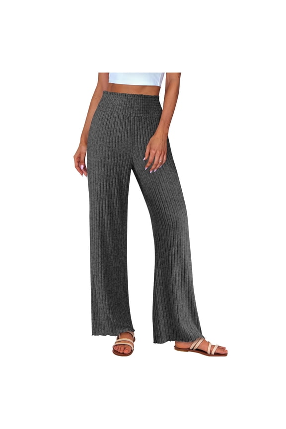 Women's Solid Ribbed Knit Sleep Pants - Wide Leg Lounge Trousers with Elastic Waist & Loose Fit Comfort