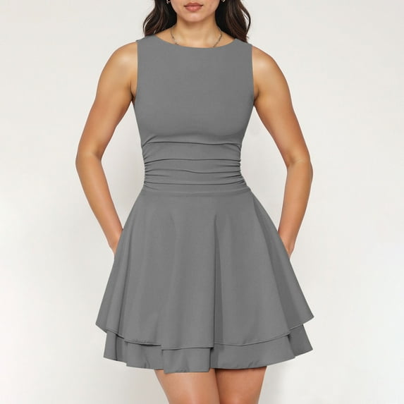 Roncen Women's Solid Ruffle Boat Neck Mini Dress - Sleeveless Party Dress with Waist Tied, Elegant Ruffled Hem Cocktail Attire for Evening Events, Summer Night Out