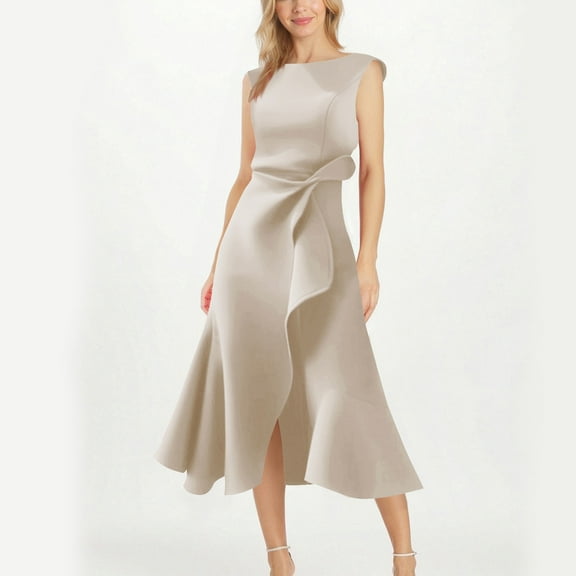 Roncen Women's Solid Sleeveless Round Neck Dress - Elegant Formal Evening Gown with Comfort Fit, Chic Summer Party Wear for Special Occasions