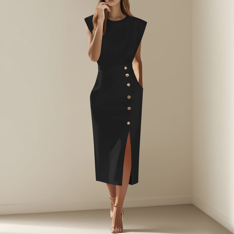 Roncen Women's Solid Spring Fall Dress - Round Neck with Pockets, Elegant  Office Work Party Banquet Dress, A-Line Formal Midi Dress for Commuting  Daily Wear and Special Occasions - Walmart.com