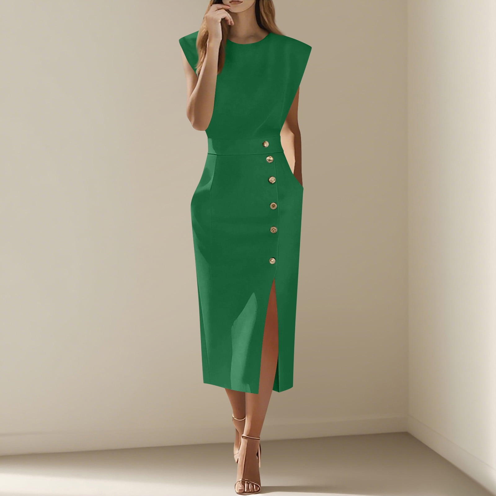 Roncen Women's Solid Spring Fall Dress - Round Neck with Pockets, Elegant  Office Work Party Banquet Dress, A-Line Formal Midi Dress for Commuting  Daily Wear and Special Occasions - Walmart.com