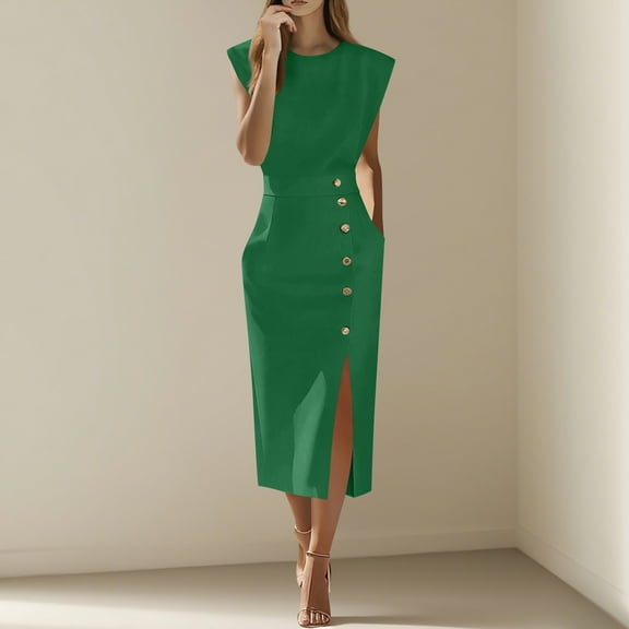 Roncen Women's Solid Spring Fall Dress - Round Neck with Pockets, Elegant Office Work Party Banquet Dress, A-Line Formal Midi Dress for Commuting Daily Wear and Special Occasions