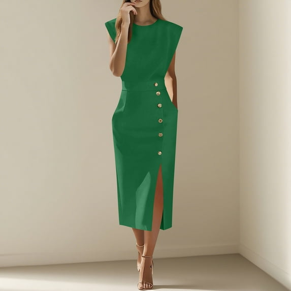 Roncen Women's Solid Spring Fall Dress - Round Neck with Pockets, Elegant Office Work Party Banquet Dress, A-Line Formal Midi Dress for Commuting Daily Wear and Special Occasions