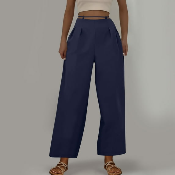 Roncen Women's Solid Straight High-Waisted Trousers - Office Commuter Tailored Work Pants with Classic Versatile Design