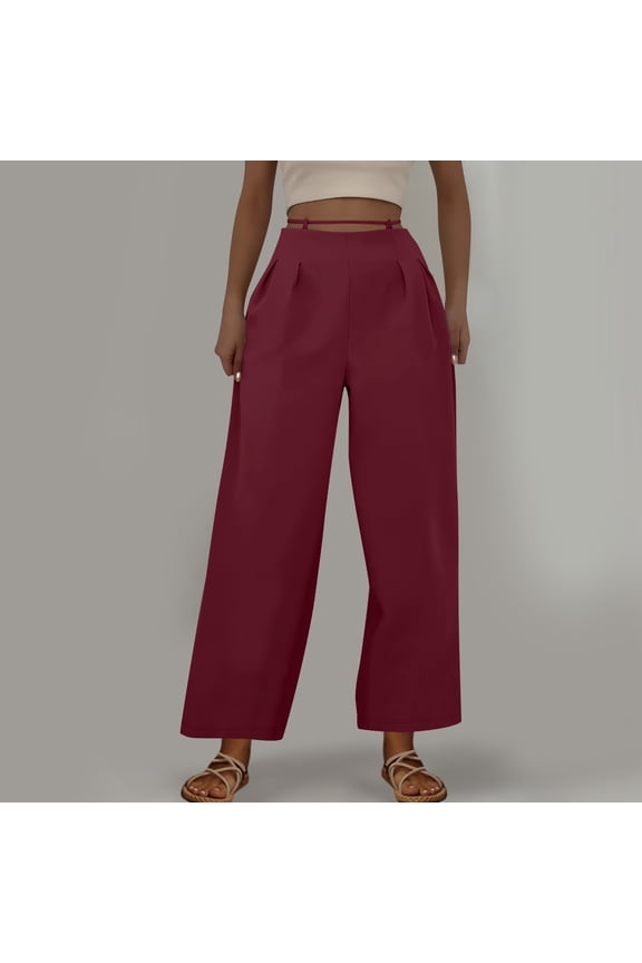 Women's Solid Straight High-Waisted Trousers - Office Commuter Tailored Work Pants with Classic Versatile Design