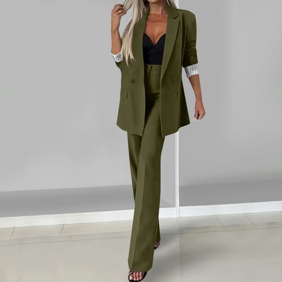 Roncen Women's Solid Suit Set - Long Sleeve Buttoned Blazer & Tailored Straight-Leg Trousers for Professional Office Wear
