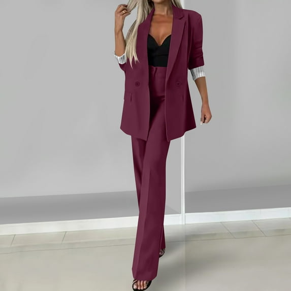 Roncen Women's Solid Suit Set - Long Sleeve Buttoned Blazer & Tailored Straight-Leg Trousers for Professional Office Wear