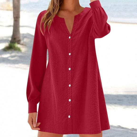 Roncen Women's Solid Summer Dress - Cotton-Linen Blend Fabric, Long Sleeve V-Neck Button Front, Casual Relaxed Fit for Daily Wear, Beach or Outdoor Activities