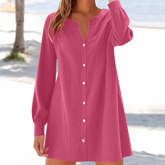 Roncen Women's Solid Summer Dress - Cotton-Linen Blend Fabric, Long Sleeve V-Neck Button Front, Casual Relaxed Fit for Daily Wear, Beach or Outdoor Activities