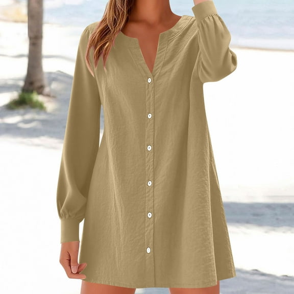 Roncen Women's Solid Summer Dress - Cotton-Linen Blend Fabric, Long Sleeve V-Neck Button Front, Casual Relaxed Fit for Daily Wear, Beach or Outdoor Activities