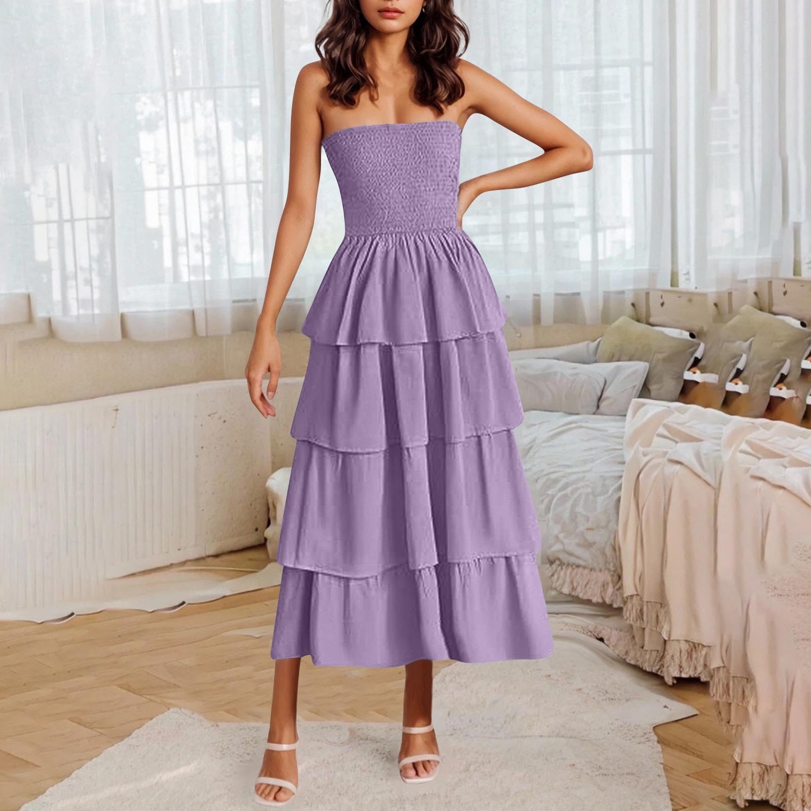 knee length dresses for ladies Frill Shirred Layered Hem Bardot A-line Dress – Amy's Cart main image 1