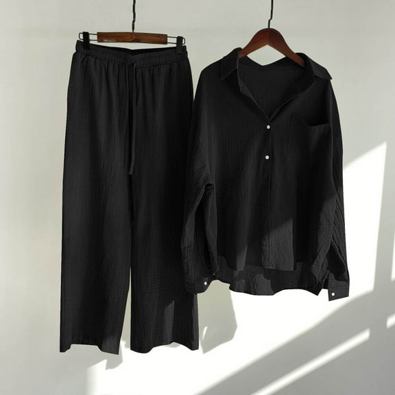 Roncen Women's Solid Two-Piece Set - Single-Breasted Long Sleeve Shirt with Collar & Loose Fit Casual Trousers, Comfortable and Stylish Outfit