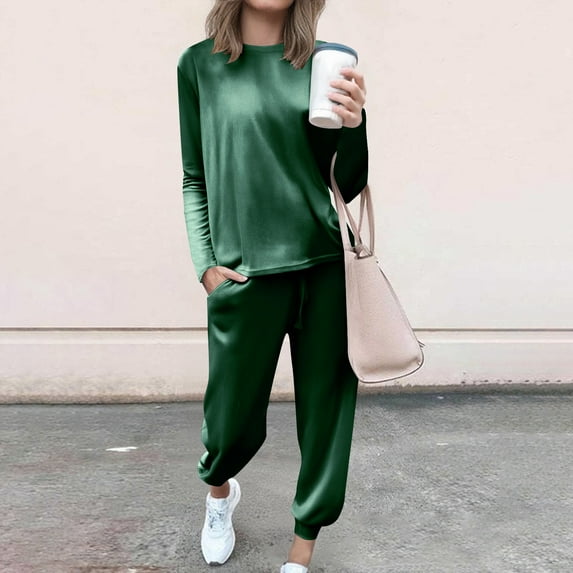 Roncen Women's Solid Velour Tracksuit Set - Casual Comfort Long Sleeve Round Neck Top & Elastic Cuff Jogger Pants with Pockets, Soft Velour Fabric