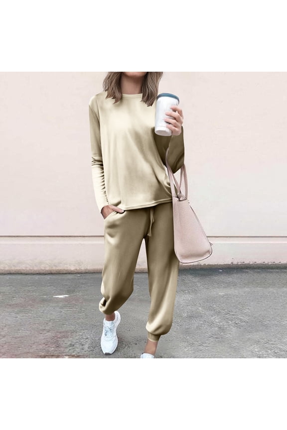 Women's Solid Velour Tracksuit Set - Casual Comfort Long Sleeve Round Neck Top & Elastic Cuff Jogger Pants with Pockets, Soft Velour Fabric