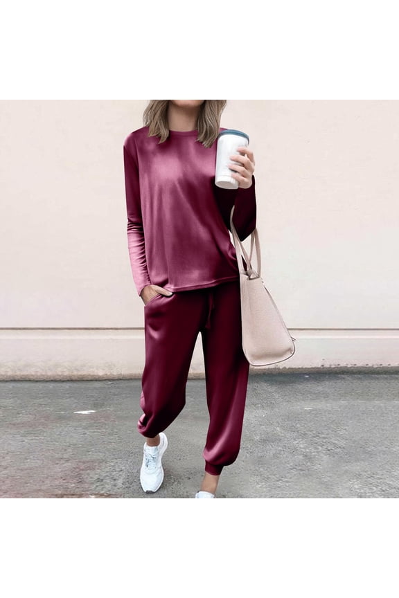 Women's Solid Velour Tracksuit Set - Casual Comfort Long Sleeve Round Neck Top & Elastic Cuff Jogger Pants with Pockets, Soft Velour Fabric