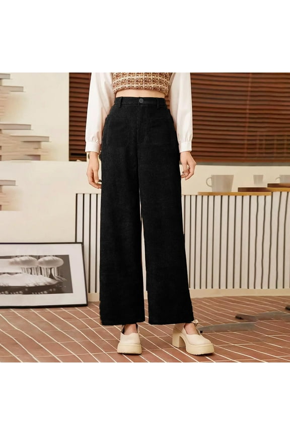 Women's Solid Velvet Pants - Loose Fit Casual Straight Leg Trousers with Versatile Style & Pockets