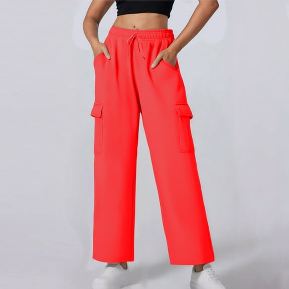 Roncen Women's Solid Wide-Leg Cargo Pants - Casual Loose Fit Trousers with Elastic Waist & Functional Pockets