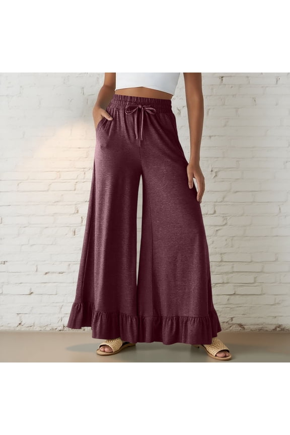 Women's Solid Wide-Leg Pants - Casual Flowy Trousers with Drawstring Waist, Elastic Cuff & Ruffled Hem Design