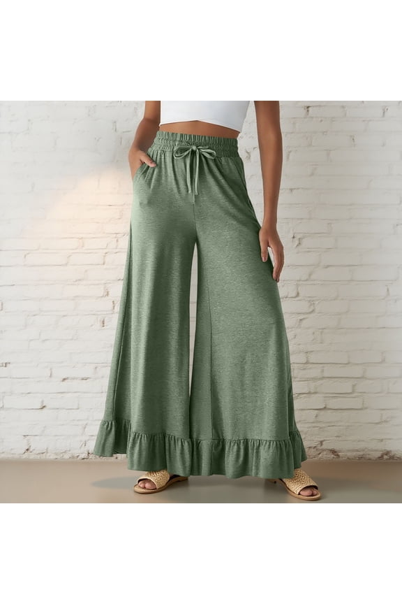 Women's Solid Wide-Leg Pants - Casual Flowy Trousers with Drawstring Waist, Elastic Cuff & Ruffled Hem Design
