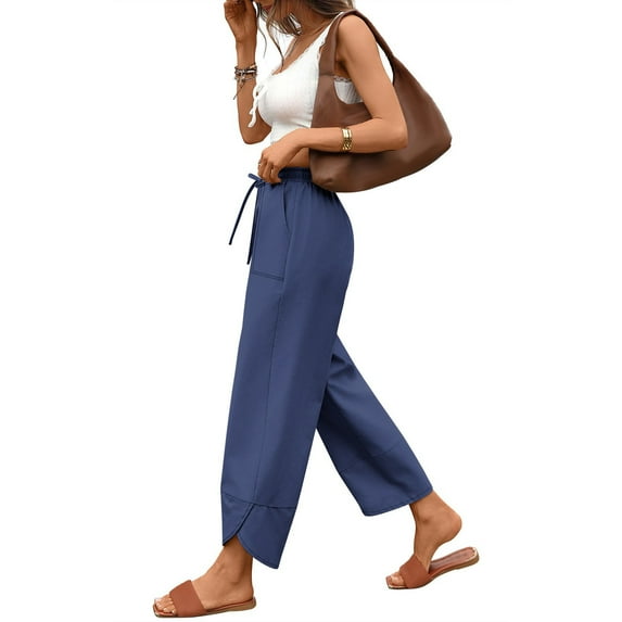 Roncen Women's Solid Wide Leg Pants - Loose Fit Elastic Waist Cropped Casual Trousers with Pockets