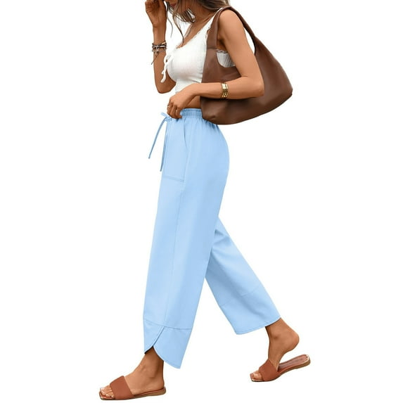 Roncen Women's Solid Wide Leg Pants - Loose Fit Elastic Waist Cropped Casual Trousers with Pockets