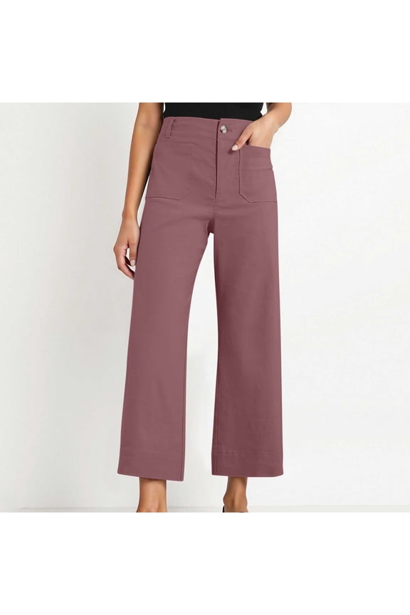 Women's Solid Wide Leg Pants - Slim Fit Tummy Control Cropped Ankle Length Trouser with Pockets for Office Casual Wear