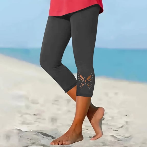 Roncen Women's Solid Yoga Pants - Butterfly Laser-Cut Floral Mid-Calf Fitness Pants with Elastic Waist for Layered Wear & Workout