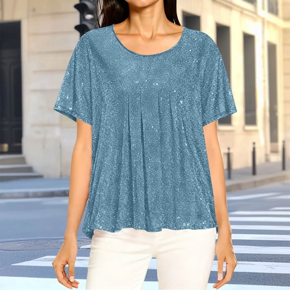 Roncen Women's Sparkly Glitter T-Shirt, Oversized Relaxed Fit Short Sleeve Top, Ribbed Double Layer Casual Tee