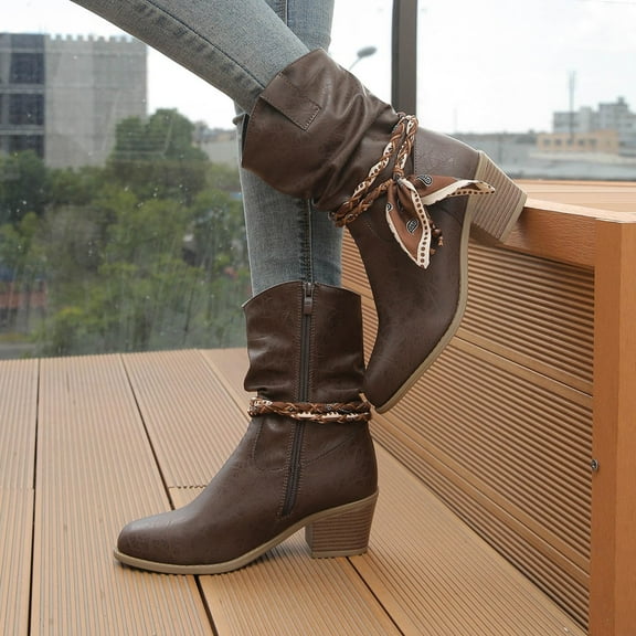 Roncen Women's Stacked Heel Ankle Boots - Fashionable Casual British Western Style Mid Chunky Heel Cowboy Booties for Daily Wear