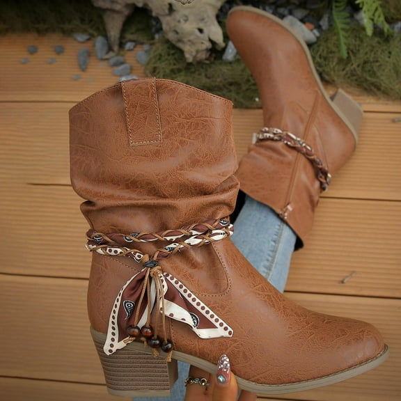 Roncen Women's Stacked Heel Ankle Boots - Fashionable Casual British Western Style Mid Chunky Heel Cowboy Booties for Daily Wear