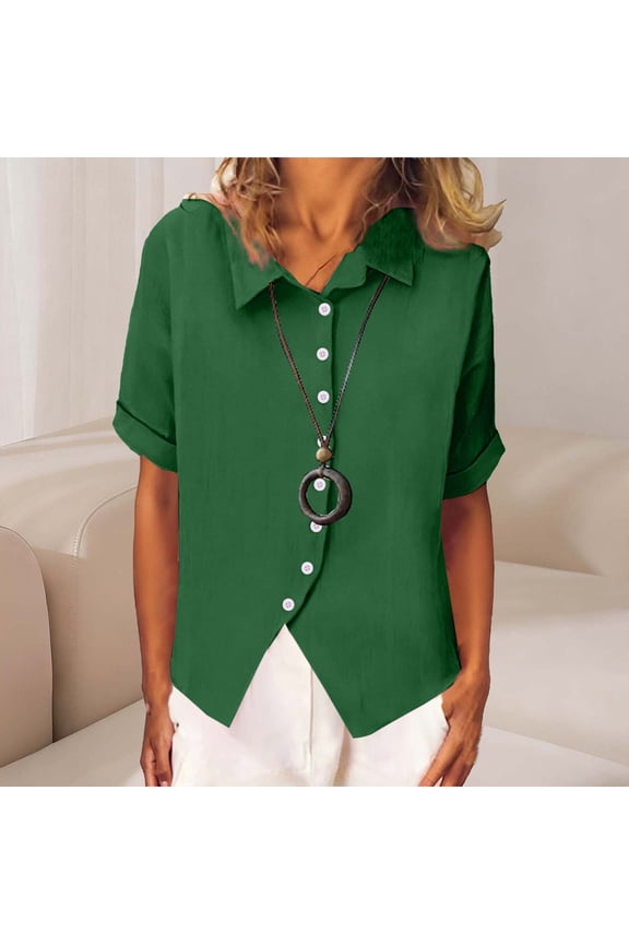 Women's Stand Collar Relaxed Fit Top, Short Sleeve Button Down Blouse in Crinkle Textured