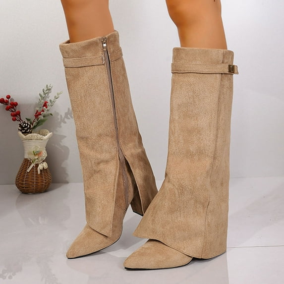 Roncen Women's Straight-Calf Winter Knee-High Boots - Fashion Casual Solid Color Pointed Toe Side Zip Chunky Mid Heel Boots for Everyday Outfits