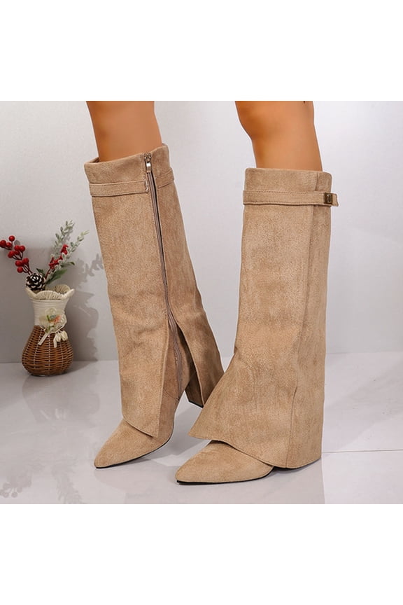Women's Straight-Calf Winter Knee-High Boots - Fashion Casual Solid Color Pointed Toe Side Zip Chunky Mid Heel Boots for Everyday Outfits