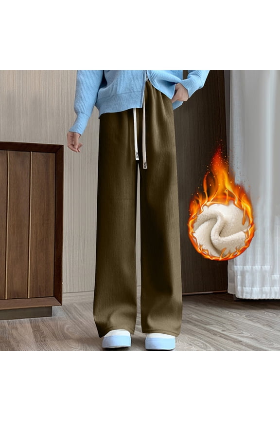 Women's Straight Leg Pants, Fleece-Lined - Sporty Casual Fit with Elastic Waistband & Warm Flannel Lining​​