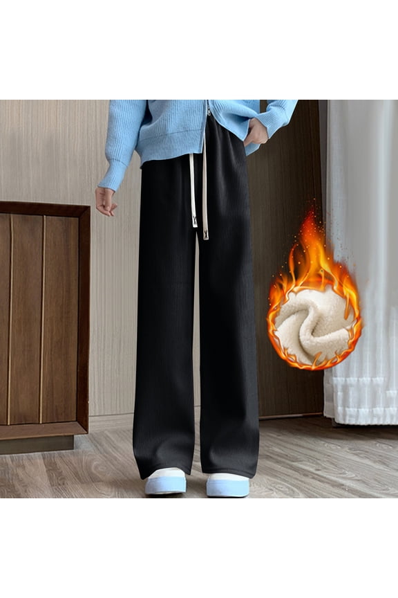 Women's Straight Leg Pants, Fleece-Lined - Sporty Casual Fit with Elastic Waistband & Warm Flannel Lining