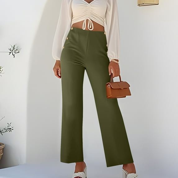 Roncen Women's Straight Leg Trousers - Elastic High Waist Button Business Casual Work Pants with Pockets