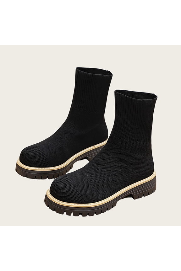 Women's Stretch Knit Booties - Fashion Casual Round Toe Slip On Ankle Boots with Chunky Heel & Elastic Short Shaft in Solid Color