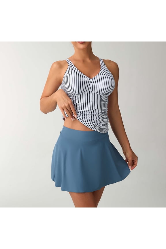 Women's Striped Bikini Set, Sexy Asymmetric Ruffle Top with Tummy Control & High Waisted Skirted Bottoms for Vacation