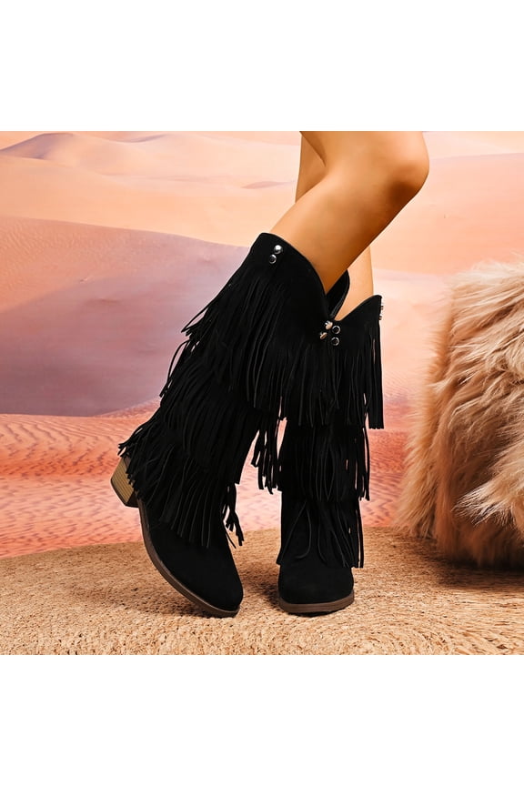 Women's Stylish High Shaft Fashion Boots - Round Toe Solid Color Wide Width Fall Winter Mid Heel Mid Calf Boots with Fringe Detail for Comfort and All-Day Wear