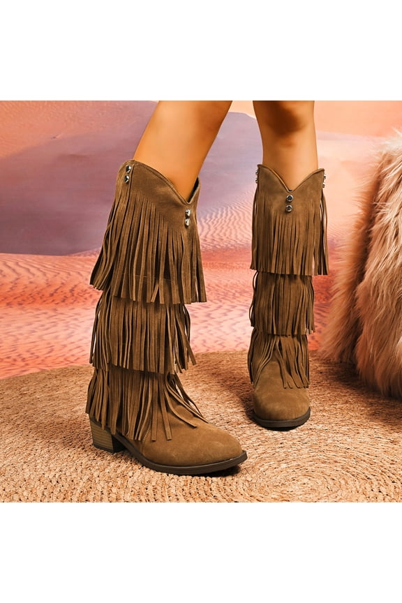 Women's Stylish High Shaft Fashion Boots - Round Toe Solid Color Wide Width Fall Winter Mid Heel Mid Calf Boots with Fringe Detail for Comfort and All-Day Wear
