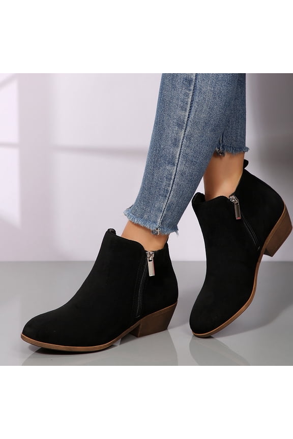 Women's Suede Chunky Heel Ankle Boots - Casual Versatile Stylish Fall Winter Shoes with Comfortable Elevated Low Heel